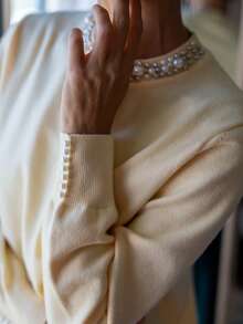 GIGOGOU Fashion Beading Women Autumn Winter Warm Sweater Casual Basic Long Sleeves Knit Top Fall Clothes Chic - Yellow - View 5