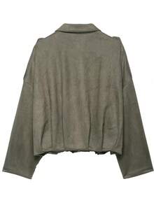 Chaqueta bomber de mujer 2025 de unicolor con textura de ante en el cuello, ajuste holgado casual de manga larga con cremallera