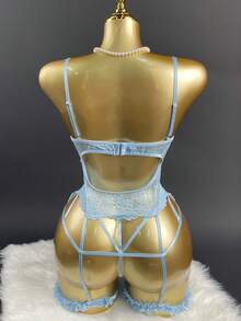 3 Pcs Women's Sexy Lingerie Set - Floral Lace Backless Nightgown With Garter Belt, Satin Bow & Ruffle Thigh Cuffs, V-Neck Bra & Thong, Seductive Bedroom Sleepwear For Valentine's Day Theme Parties, Romantic Shapewear Gift - 淺藍色 - 查看 2