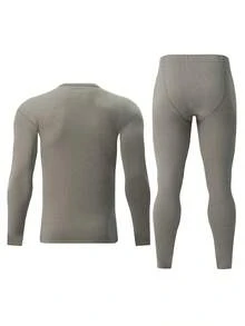 2pcs Men's Fashion Thermal Underwear Set, Autumn/Winter Warm Base Layer Knit Sweater - Light Grey - View 3