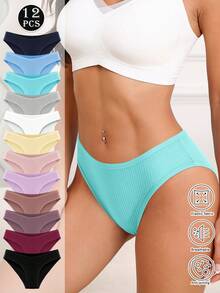 12 Packs Of Solid Color Simple Ribbed Underwear Women, Soft, Stretchy And Breathable  Knitted Panties, Available In A Variety Of Colors And Sizes From S To XXL Underwear For Women, Suitable For Comfortable And Casual Wear Cotton Panties - Nhiều màu - Xem 8