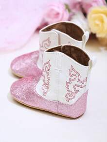 Yibubu Pink Baby Shoes Western Boots Infant Boots Vintage Embroidered Pattern Flat Shoes High-Top Non-Slip First Walking Shoes Outdoor Sports Boots For Infants And Toddlers Spring/Autumn - 粉色 - 查看 5