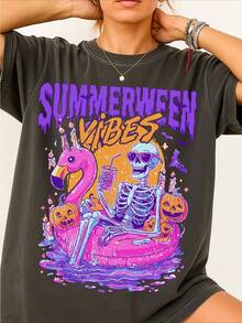 Unisex Summerween Vibes Shirt, Funny Skeleton Float Daily In Summer Shirt, Spooky Flamingo Pool Ghost Pumpkins Creepy Shirt - Black - View 1