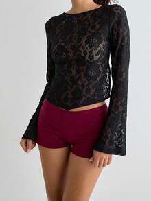 Women's Lace Tops Fall Fashionable Solid Color Bell Long Sleeve Backless Slim Fit Shirts - Black - View 6