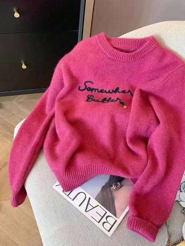 Rose Red Letter Embroidered Crew Neck Soft Sweater For Women, Autumn Winter Design Cute Knit Top Women's Polyester Casual Solid Ribbed Loose Sweater, Rose Red, Everyday Autumn/Winter