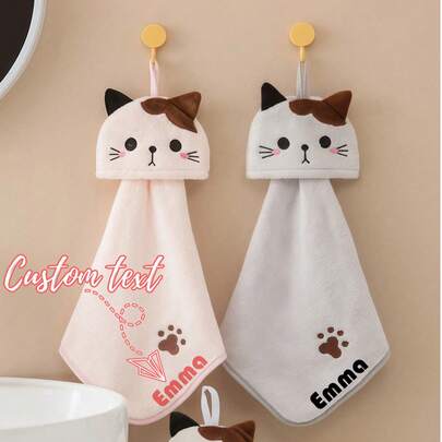 Personalized Custom 1 Cute Cartoon Cat Hand Towel - Soft Coral Fleece Pocket Towel For Bathroom And Kitchen - Absorbent And Dual-Sided Wiping Towel Family Bathroom Decor Summer, Personalized Towel, Custom Towel, Cartoon Towel, Cute Towel