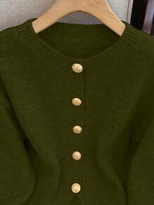 1 件秋冬纯色单排扣简约灰色开衫设计，短款前开衩腰部收紧独特金属纽扣长袖针织上衣开衫女 - 綠色 - 查看 4