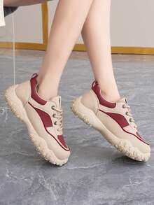 New Women Outdoor Casual Shoes, Thick Sole, Lightweight, Versatile, Breathable, Round Toe, White Sneakers - Card Red - View 3