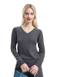 Women's Thin Sweater Solid Color Elegant Ribbed Daily - Dark Grey - View 2