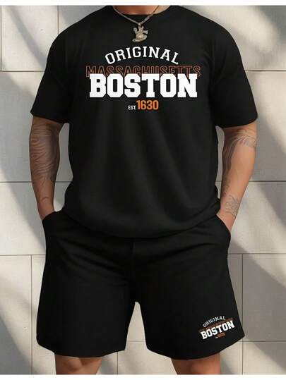 Kit Camiseta + Short Moletom Conjunto Boston Conjunto Camiseta Malha 100% algodão Linha Premium + Bermuda Moletom Com bolso