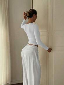 Top de manga larga básico y minimalista con cuello redondo, de doble capa, sin costuras y ajustado, para uso casual en primavera - Blanco - Ver 4