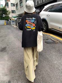 女士滑板英文印花薄款长袖T恤，时尚百搭，秋冬休闲黑色春季款 - 黑色 - 查看 5