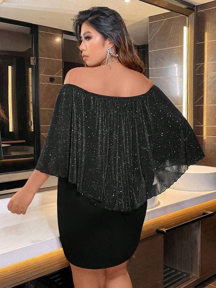 Talla grande Vestido ajustado de hombros descubiertos de manga capa - Negro - Añade 2