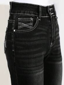 Quần jeans nữ ống loe cạp chun thêu họa tiết, viền tua rua, kiểu dáng đa năng, màu đen, thích hợp cho mùa xuân. - màu đen - Xem 5