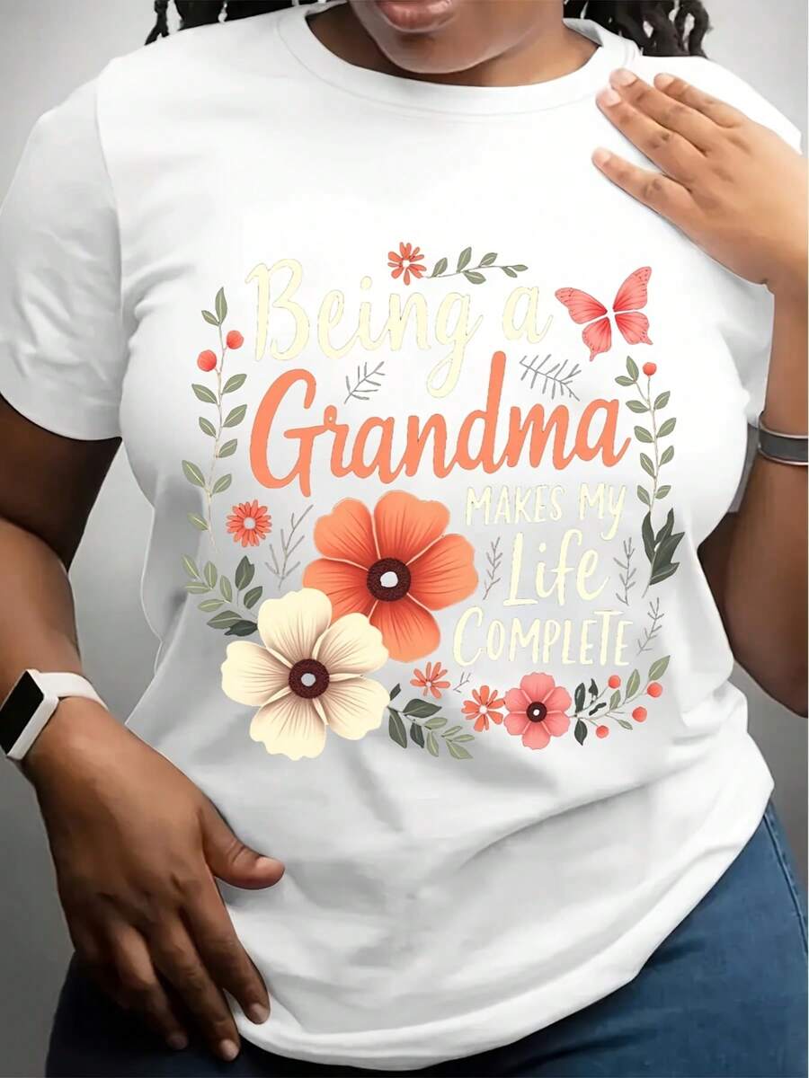 Women's Being A GRANDMA Graphic Print T-Shirt - Short Sleeve Crew Neck Casual Top With Floral & Butterfly Design, Soft Grey Relaxed Fit, Machine Washable All-Season Comfort, Grandma Shirts, Com - 白色 - 查看 1