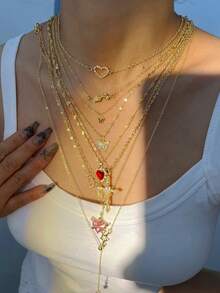 5-8 件复古优雅时尚嘻哈复古硬币水钻十字架蝴蝶玫瑰星心流苏长项链套装，个性化夸张独特多件分层 Y 型项链、颈链、毛衣链，适合女性、度假、派对、宴会、约会、礼物、日常穿着、四季百搭珠宝 - 彩色 - 查看 10