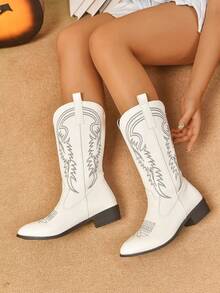 Women's Elegant Fashion Slip-On Western Boots, White Embroidered High Heel Western Boots, Stylish Embroidered Cowboy Boots, Slip-On Mid-Calf Flat Boots For Autumn/Winter - White - View 1