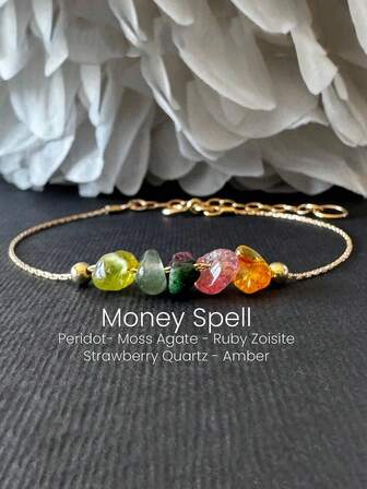 Wealth-Attracting Charms: Original Crystal Bracelet With Peridot, Moss Agate, Ruby, Zoisite, Strawberry Quartz, And Amber. Wealth-Manifesting Jewelry.