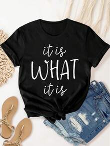 It Is What It Is Letter Graphic Fashion Sports Tee, Short Sleeve Casual T-Shirt Top, Women's Activewear - Black - View 1