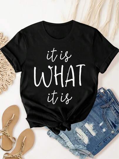 It Is What It Is Letter Graphic Fashion Sports Tee, Short Sleeve Casual T-Shirt Top, Women's Activewear