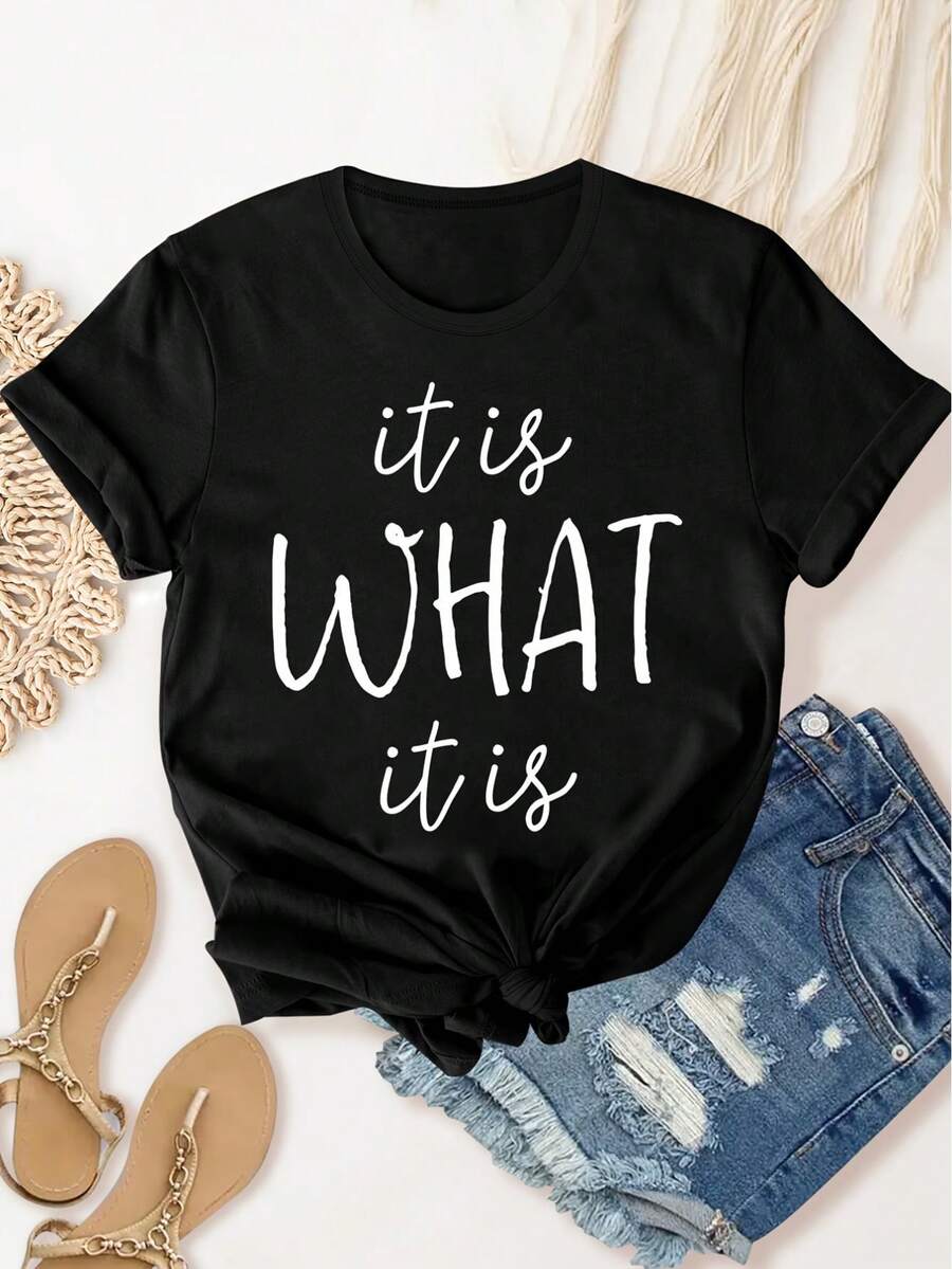 It Is What It Is Letter Graphic Fashion Sports Tee, Short Sleeve Casual T-Shirt Top, Women's Activewear - Black - View 1