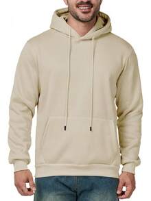 Mens Casual Long Sleeve Drawstring Athletic Hooded Pullover Sweatshirt With Pockets, Fashionable - Khaki - View 1