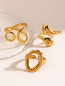 3pcs Stainless Steel Minimalist Geometric Oval & Water Drop Open Rings, Suitable For Women's Daily & Party Wear - Multicolor - View 2