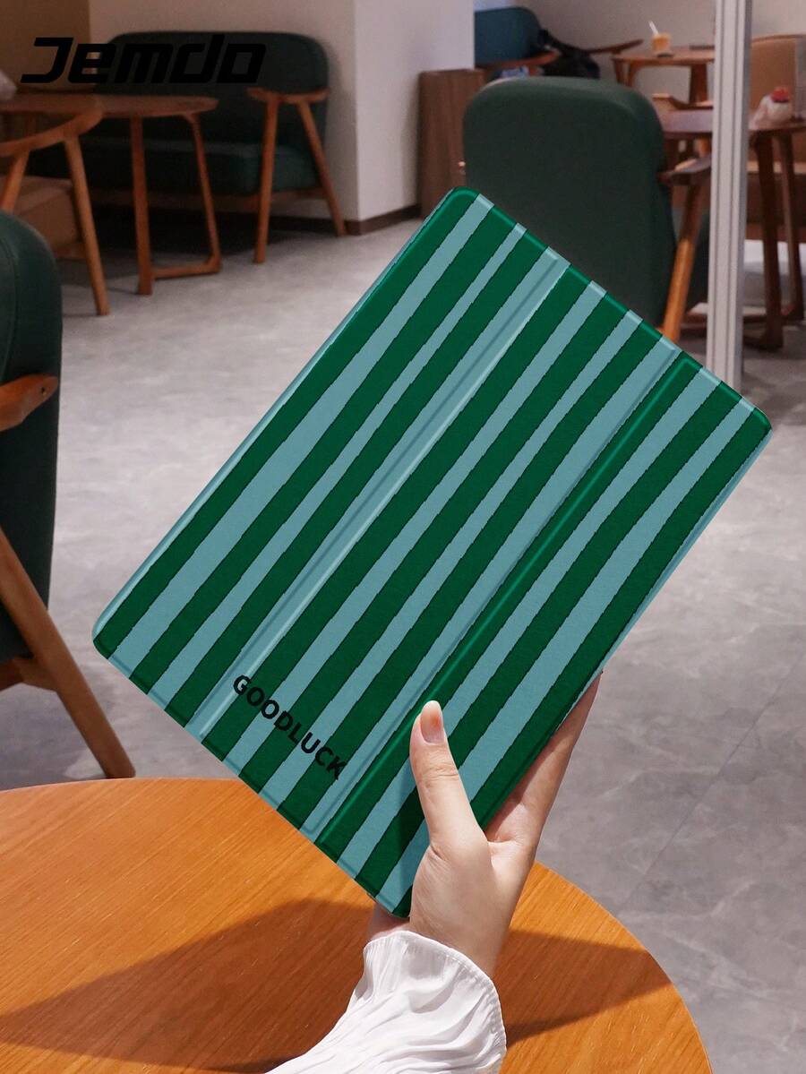 极简时尚双色条纹，绿色条纹印花图案平板电脑保护壳，兼容 iPad 10.2 英寸、iPad Pro 2021/2020、iPad 9/10 代、Galaxy Tab A8 10.5 英寸 2022、Matepad 10.4/Tab，防摔，带笔槽，支持睡眠/唤醒