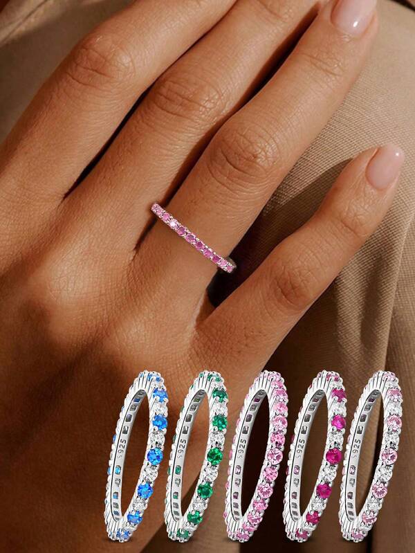 1 pieza Anillo de plata de ley 925 vintage con diamantes completos de colores para mujer, anillo de plata simple, joyería fina, regalo de marca de lujo