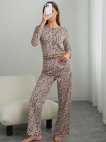 Conjunto de 2 piezas con estampado de leopardo, incluye top de manga larga y pantalón de pierna ancha, estilo sexy europeo, otoño/invierno