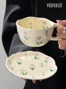 yeefeeco 1 pezzo Set tazza e piattino in ceramica, tazza da caffè e piattino con motivo floreale, tazza da tè carina e piattino, adatto per uso domestico, tè pomeridiano, ragazze e periodo di rientro a scuola