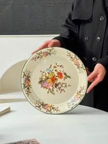 1pc Enamel Flower Pattern Plate, High-Quality Ins Style Breakfast/Dessert/Fruit Plate, Floral Design Enamel Dish For Home Use