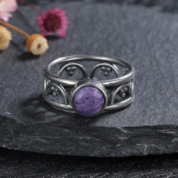 خاتم فضة عيار 925 مرصع بحجر القمر الطبيعي والحجر الشاروايت، خاتم عتيق للنساء هدايا الحفلات