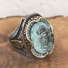 Men's Bohemian Ring - Ice Blue Center Stone With Black Accent - Vintage Jewelry For Parties, Beach Vacations, Casual Attire - Durable Statement Ring - Ideal Anniversary, Valentine's, Graduation Gift For Him - Year-Round Jewelry - 藍色 - 查看 4