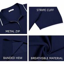 Men's Zipper Polo Shirt Casual Knit Short Sleeve Polo T Shirt Classic Fit Shirts - 藏蓝色 - 查看 6