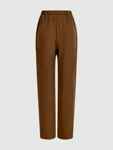 cimmuovere Plus Size Women Casual/Work Six Pockets Elastic Waist Loose Pants, Suitable For Nurses, Dentists, Healthcare, Veterinary, And Laboratory - Brown - View 2