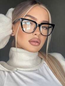 Visivana 1 Pair Women's Black Cat Eye PC Frame Glasses, Simple Solid Color Vintage Casual Non-Prescription - Black - View 3