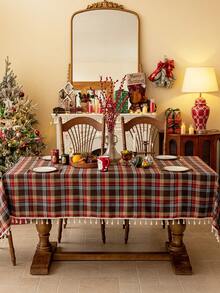 1pc Christmas Plaid Tablecloth, Tassel Decor, Retro Brown-Red Plaid, Brushed Woven Fabric, Rectangular, Washable, Suitable For Coffee Table, Bedside Cabinet, Dining Table Decor, Suitable For Home Kitchen, Party Dinner, Holiday Party Decor, Christmas, New Year, Autumn Decoration