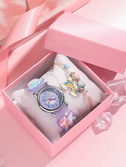 2pcs/Set Girls Kids Luminous Watch - Luminous Watch Cartoon Unicorn Quartz Watch And Beaded Unicorn Bracelet (No Box)