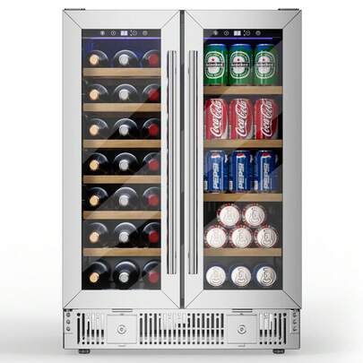 TABU 24 Inch 21 Bottles And 88 Cans Dual Zone Freestanding/Built-In Wine & Beverage Refrigerator,Wine Cooler With Glass Door,Movable Shelves & Safety Lock, Digital Temperature Control For Home/Kitchen/Bar