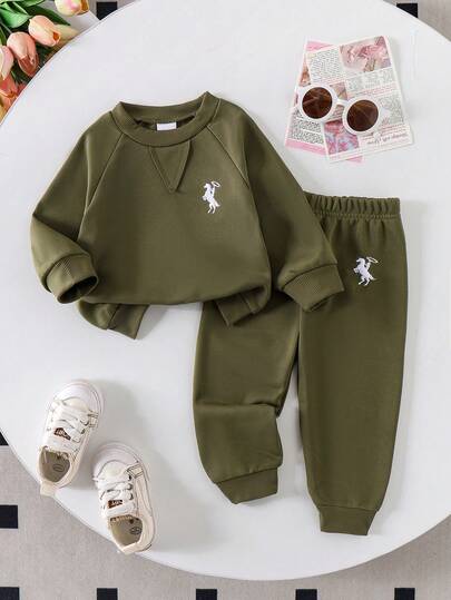 2 件套婴儿/女婴休闲日常长袖马刺绣运动衫和运动裤套装，轻便，适合春秋季