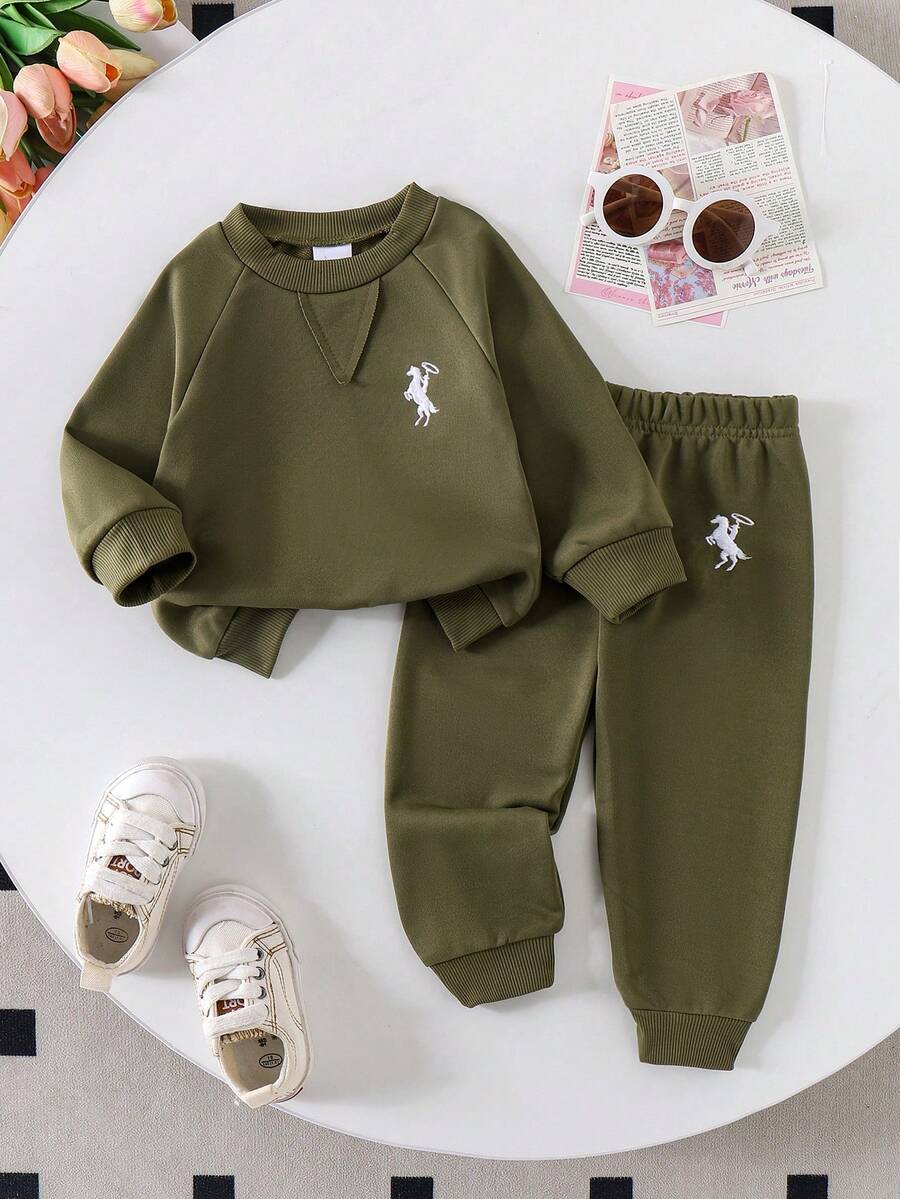 2 件套婴儿/女婴休闲日常长袖马刺绣运动衫和运动裤套装，轻便，适合春秋季