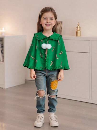 Kids Plaid Cape Adorable Ruffled Doll Collar Snowflake Pattern Cloak  Baby Shawl With Tie Closure