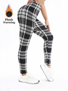 1 Pack Women's Plaid Thermal Lined Leggings, Black & White, Elastic Skinny Pants, European & American Fashion, Casual & Elegant, Slimming, Warm & Comfortable For Home, Yoga, Fitness, Outdoor, Casual Wear, Gifts
