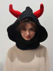1 Piece Ladies' Hat Devil Horns Knitted Hooded Hat - Black With Red Horns, Unisex Novelty Costume Accessory Soft And Warm, Fall / Winter