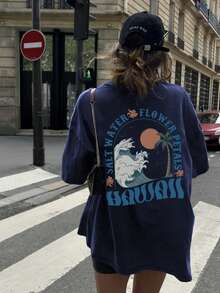 女款夏季標語棕櫚樹印花圓領肩袖寬鬆休閒T恤圖案上衣 白色上衣黑色上衣粉色上衣度假風 - 藏藍 - 查看 7