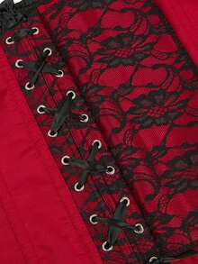 Corset bustier overbust sans bretelles pour femmes, top moulant avec détail nœud en dentelle, fermeture par boutons à l'avant, laçage dans le dos, convient pour Halloween - Rouge foncé - Voir 10