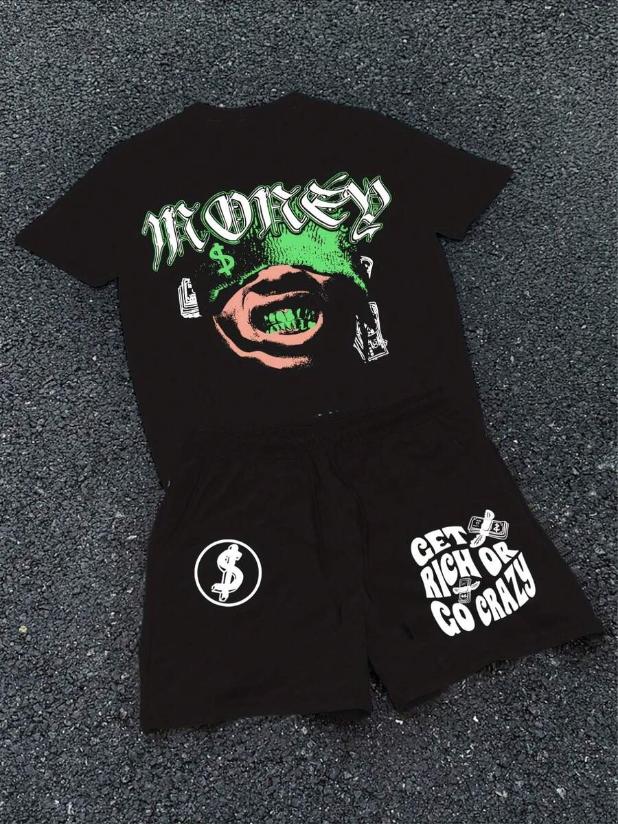Men's Short Sleeved Shorts Set 2-Piece, Spring And Autumn Style Short Sleeved T-Shirt+Shorts, Soft And Comfortable, Machine Washable, Dry Cleanable, High-Quality - Character Image Slogan - Printed Pattern Pullover+Pants,  Hip-Hop Style, Suitable For Holidays, Back To School, Streets, Outdoor Outings - màu đen - Xem 1