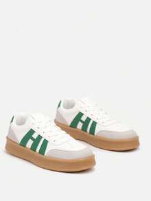 Thick Sole Sneakers With Contrasting Stitching - Olive Green - View 5