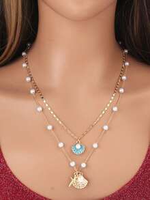 2pcs/Set Beachy Metal Starfish, Pearl & Shell Necklace Jewelry Set, Resort Style - 藍色 - 查看 4